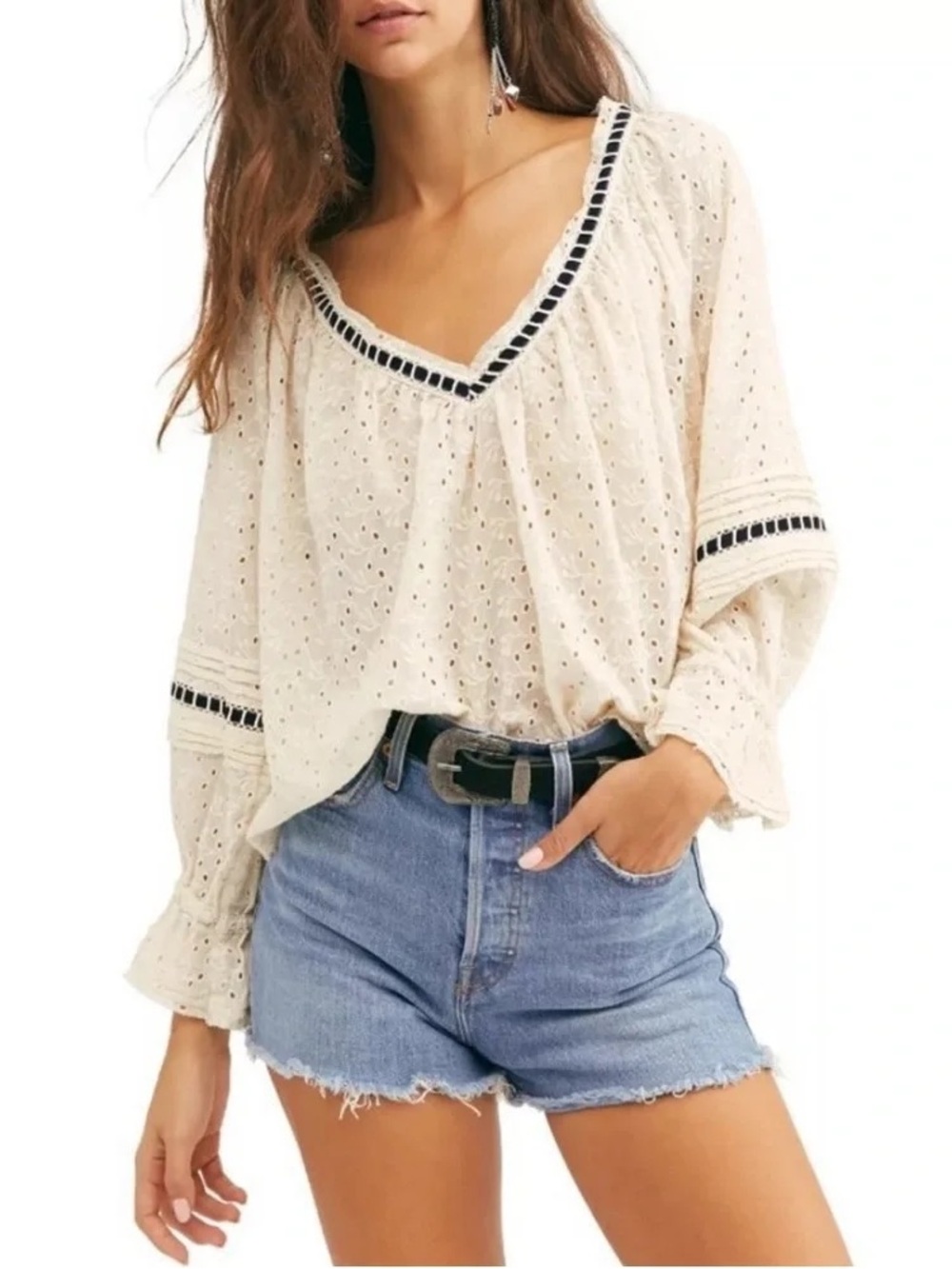 Free People Cream Eyelet V-Neck Peasant Top with Black Velvet Trim XS